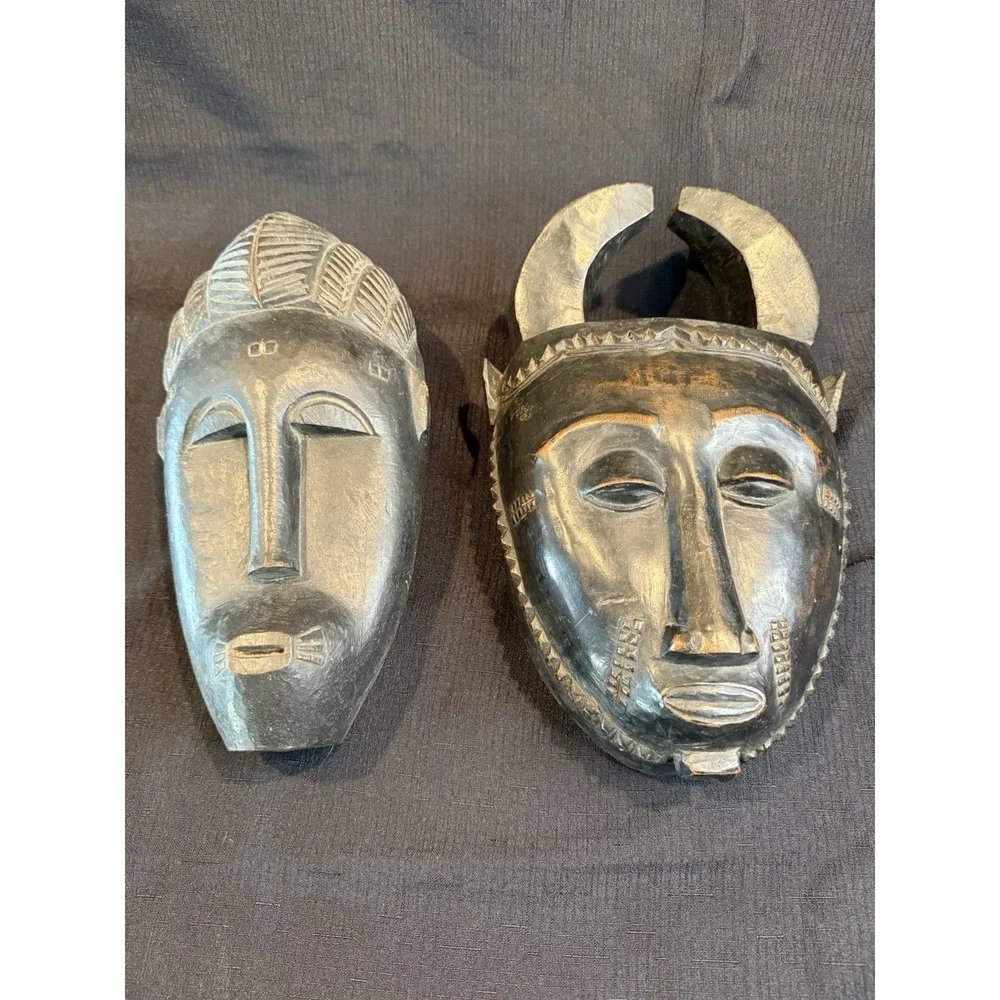 2 Vintage African wood mask antiques Home Décor Hand Carved